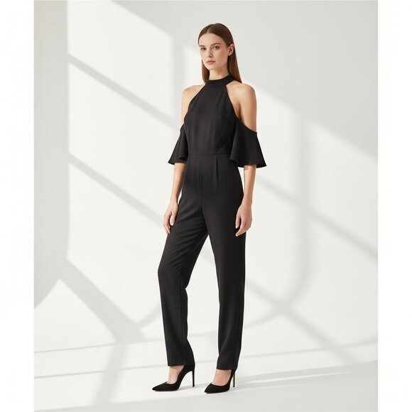 NWT Finders Keepers Real Slow Halter Neck Cold Shoulder Jumpsuit Black Women S - Picture 1 of 15